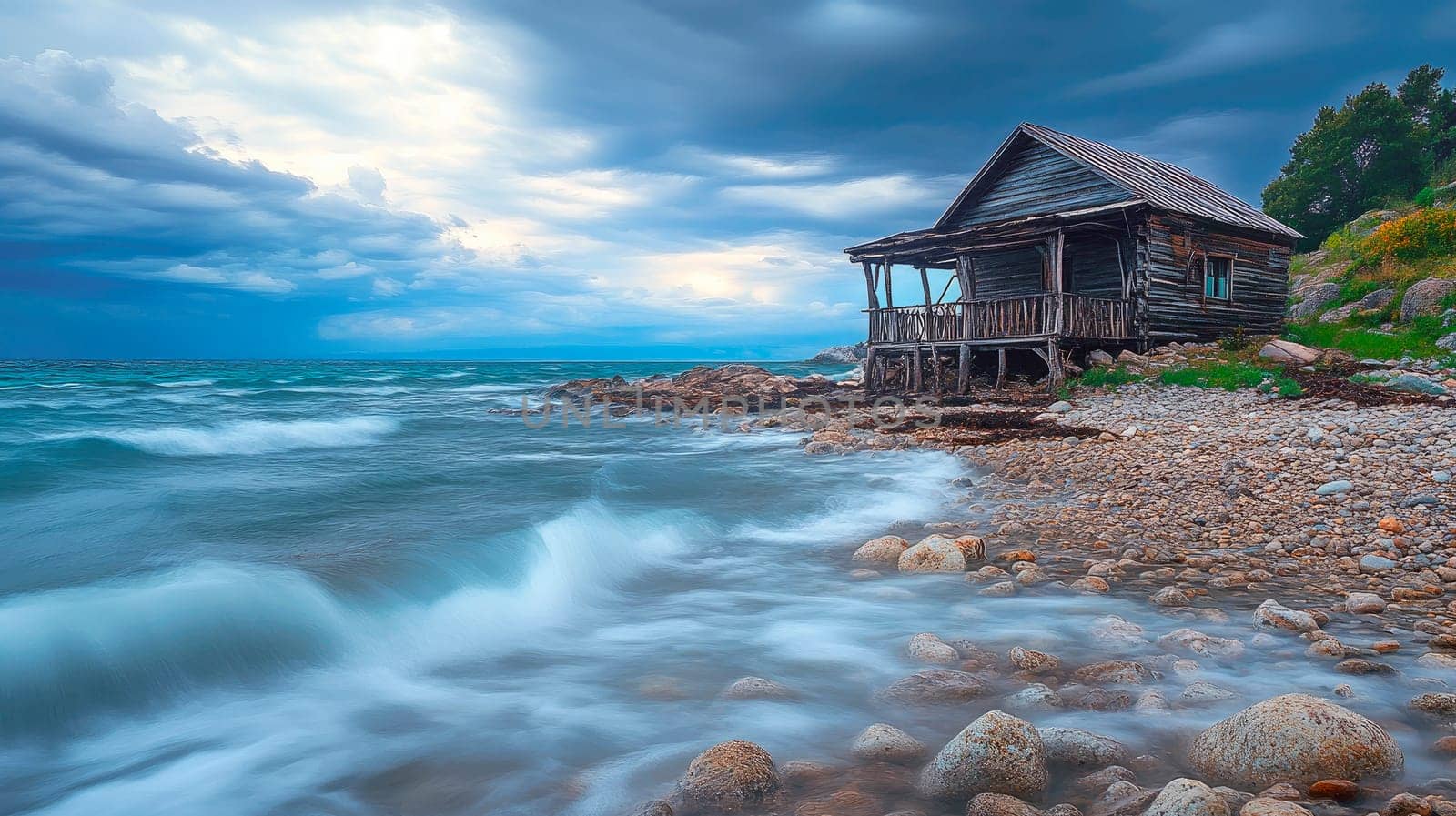 Old wooden log house on a rocky beach with a stormy sea . AI generated