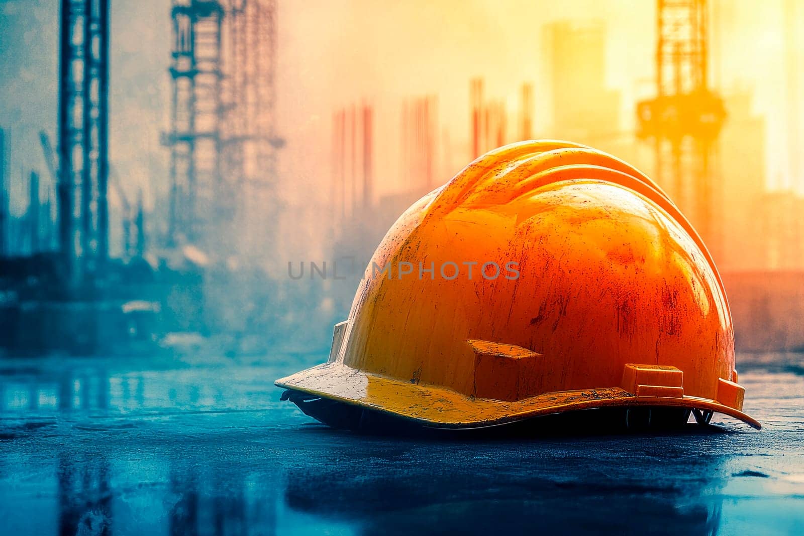 Yellow safety helmet or hard hat on blurry background of construction site. Construction industry concept. AI generated