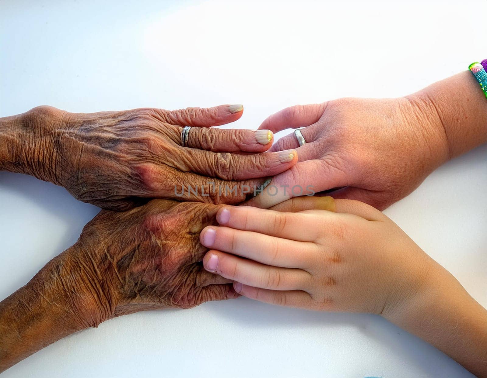 A tower of hands from people of different ages