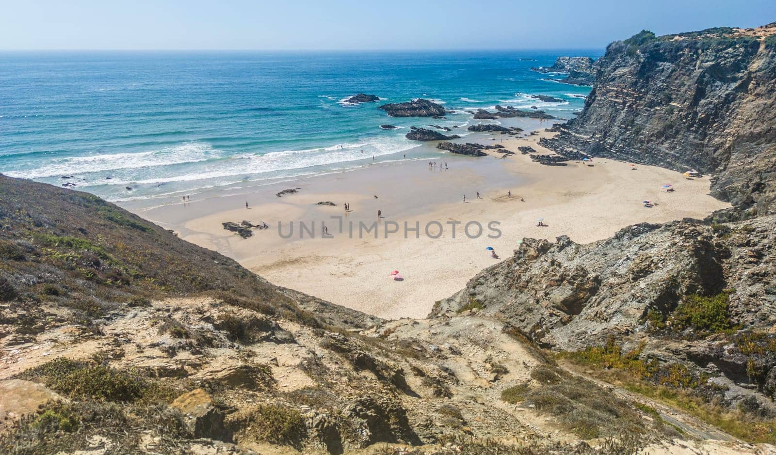 Nossa Senhora beach, Zambujeira do Mar, Portugal. Overview from the long and steep stairs