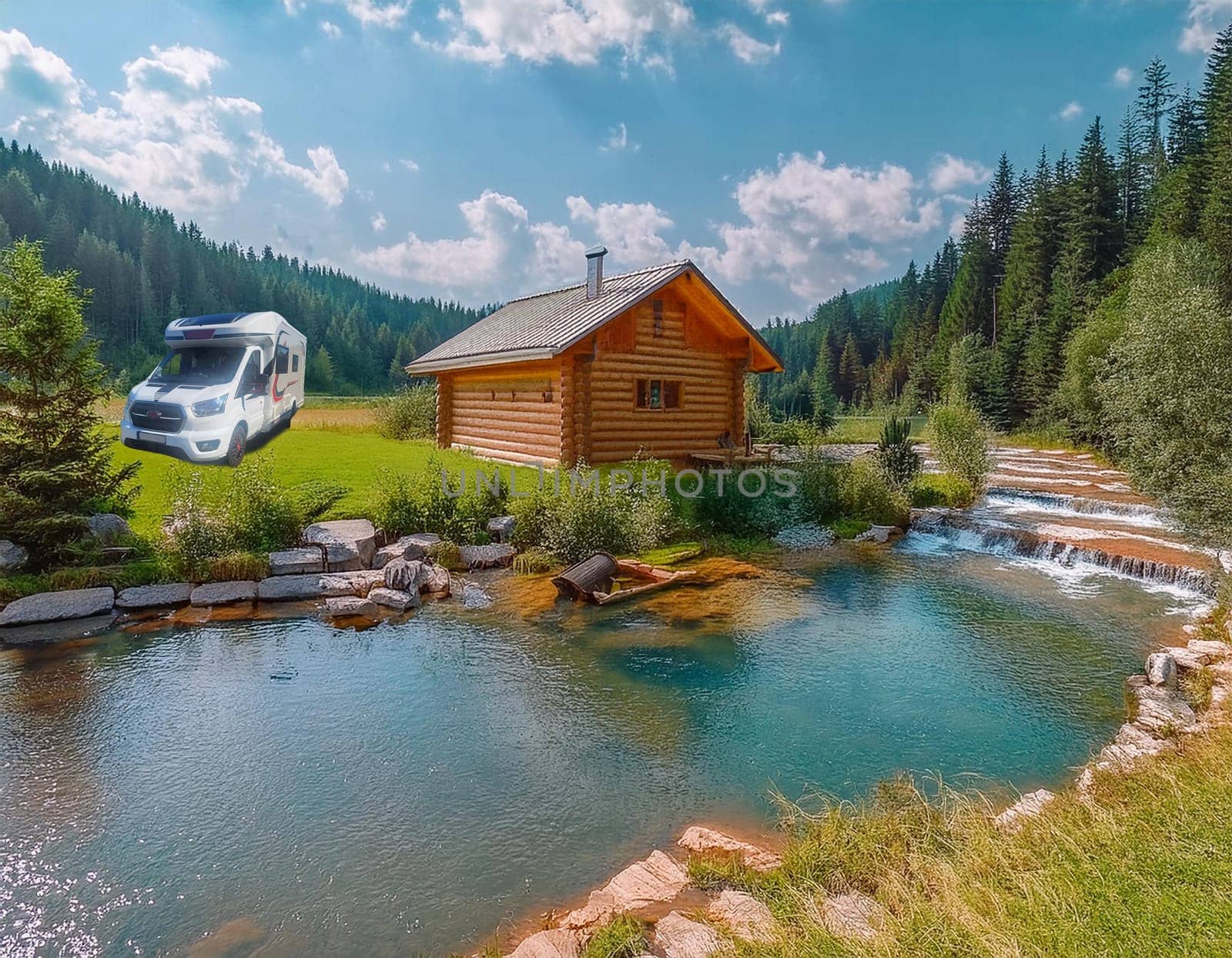 A motorhome stands idyllically in front of a cozy log cabin on the banks of a crystal-clear river.