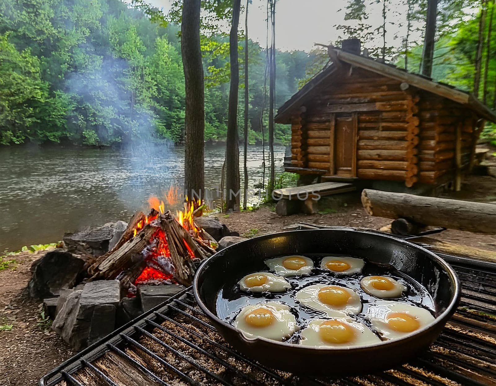 Cozy log cabin on the shore. A warming campfire burns in front of the cabin, and a delicious fried egg sizzles in a pan.