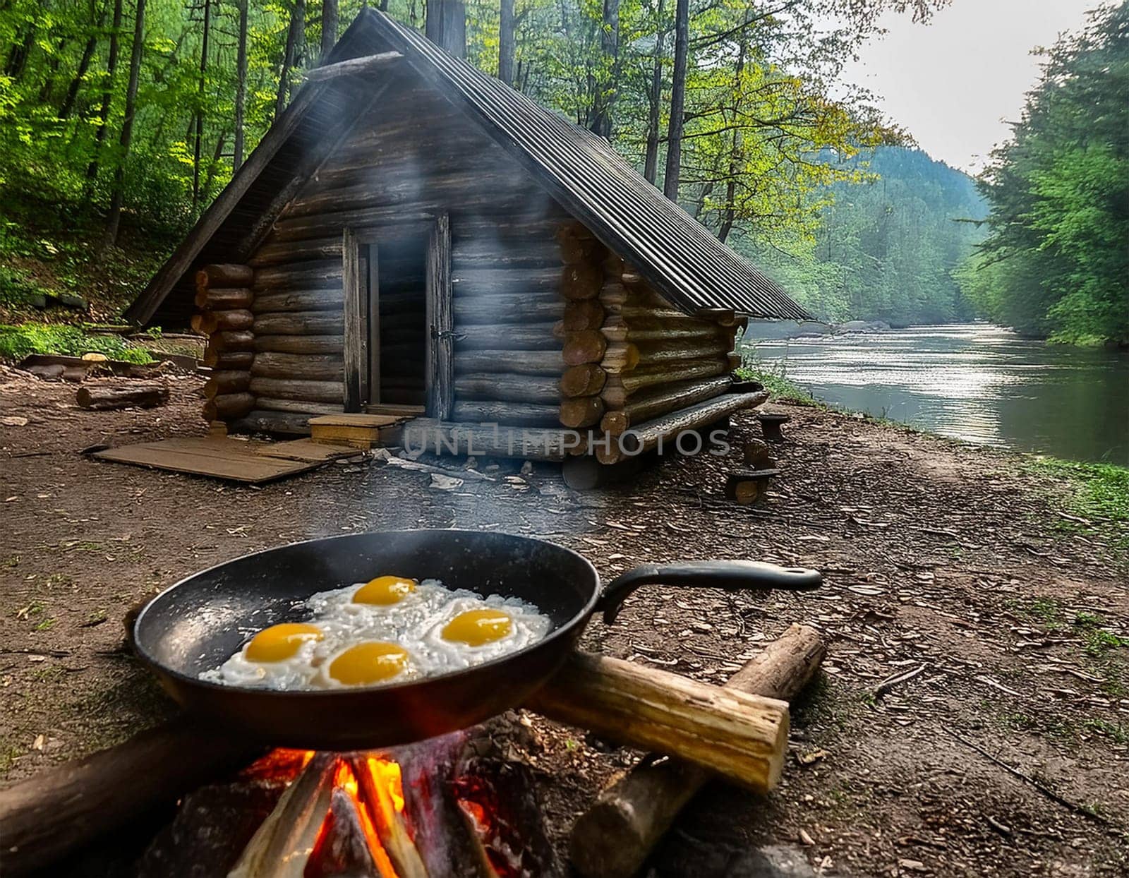 Cozy log cabin on the shore. A warming campfire burns in front of the cabin, and a delicious fried egg sizzles in a pan.