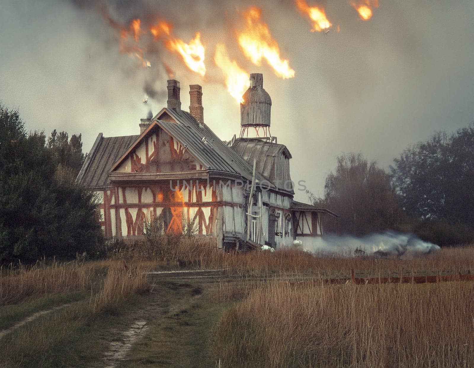 Arid landscape with burning wooden buildings. The image conveys an atmosphere of abandonment and hopelessness.