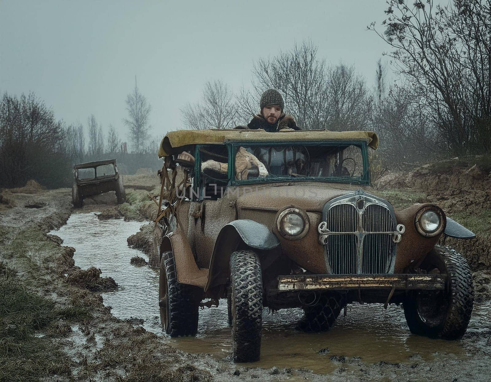Rusty and deformed vehicles lie scattered across the landscape, witnesses to a bygone civilization.