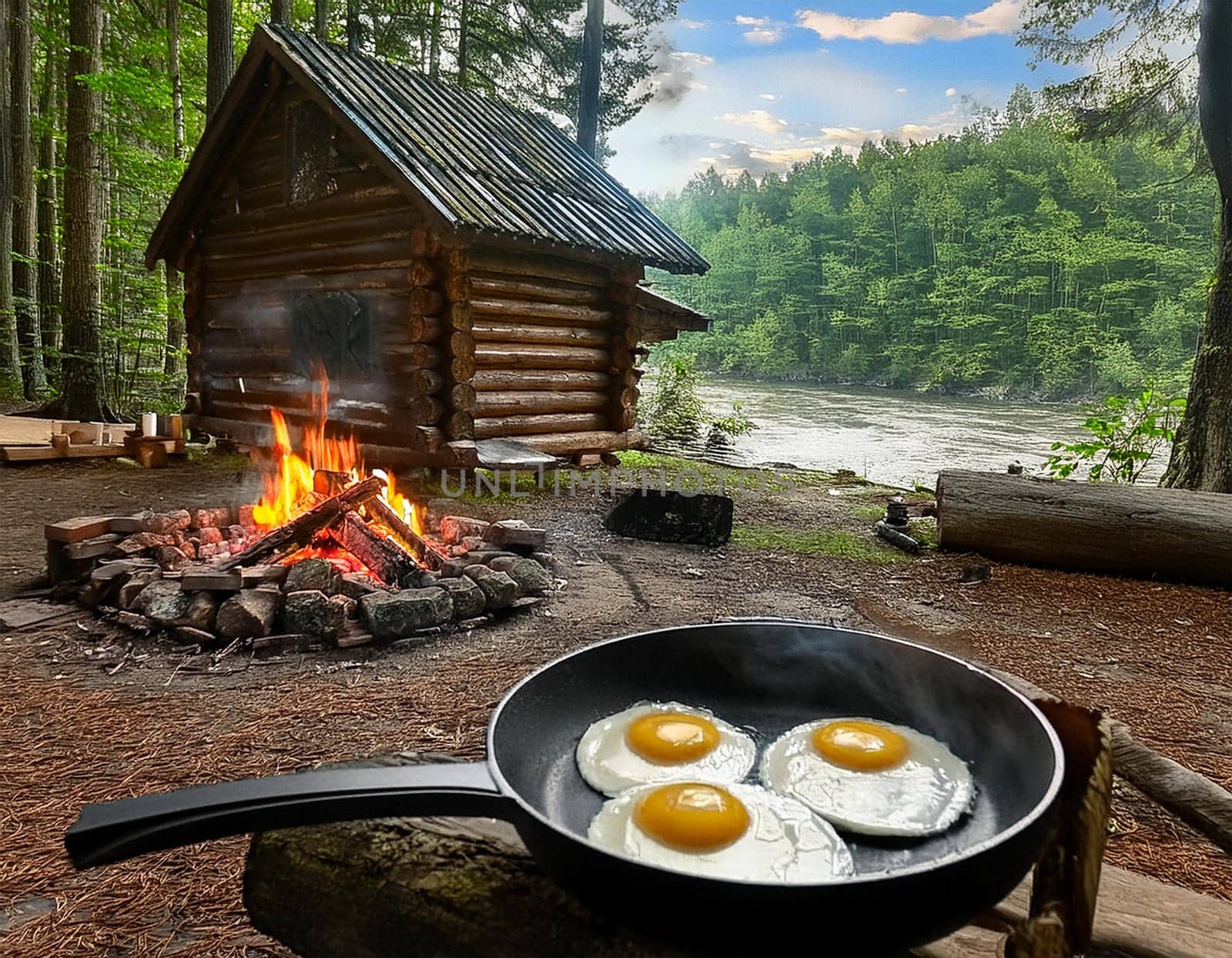 Cozy log cabin on the shore. A warming campfire burns in front of the cabin, and a delicious fried egg sizzles in a pan.