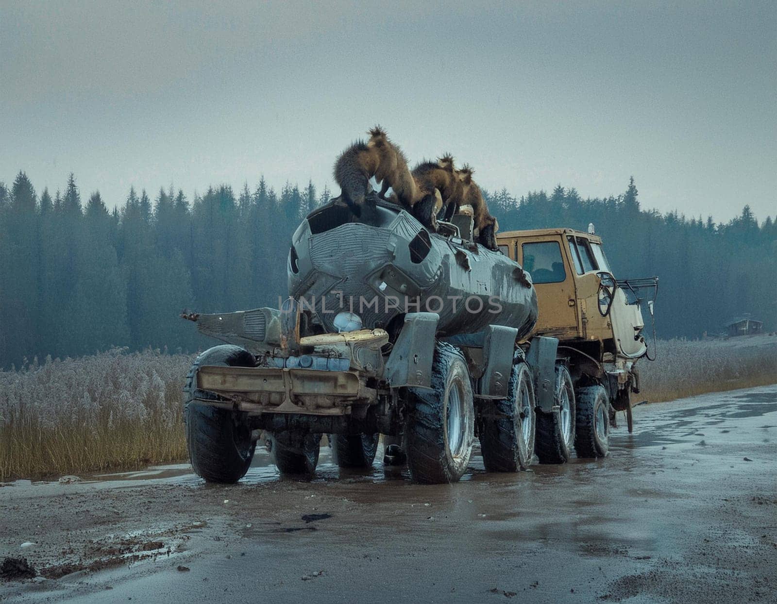 Rusty and deformed vehicles lie scattered across the landscape, witnesses to a bygone civilization.