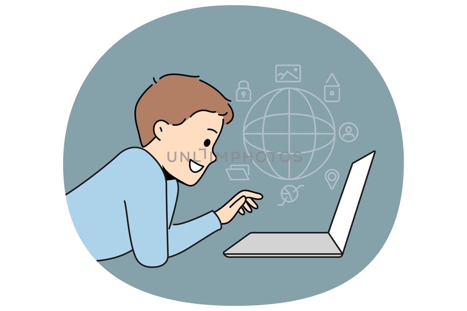 Little boy child browsing internet on laptop. Smiling kid using computer surfing on websites. Children and technology. Vector illustration.