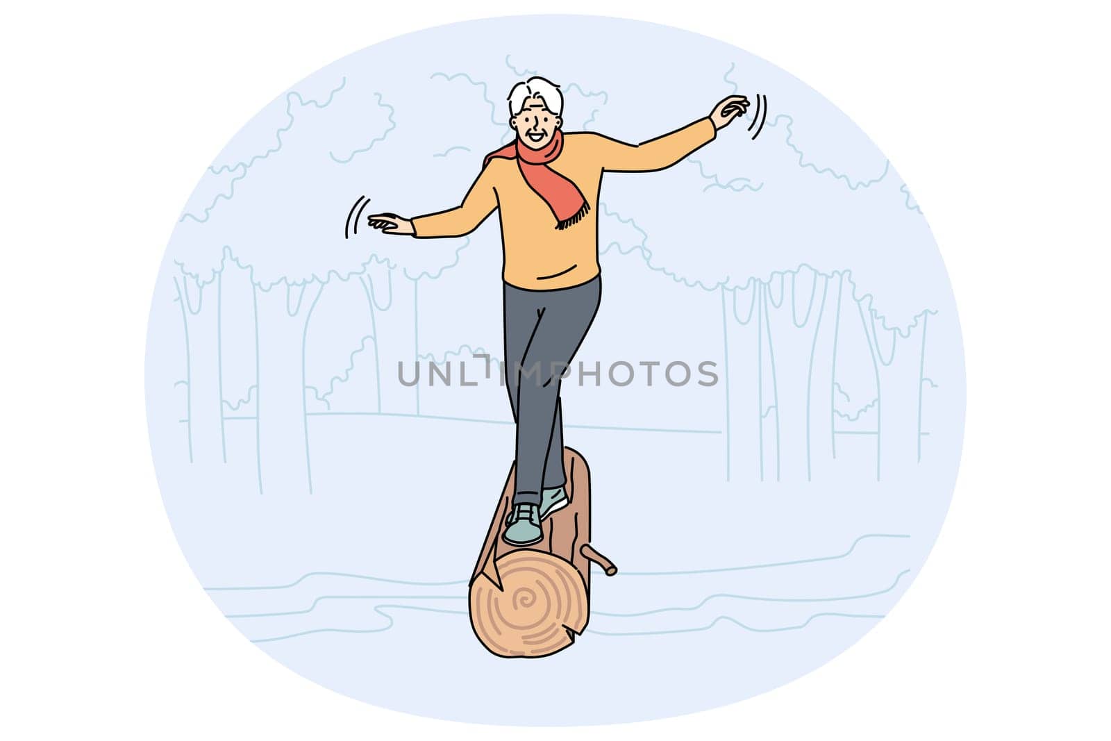 Smiling elderly man walking on wood log on river bank. Happy active old grandfather cross water on wooden log bridge. Vector illustration.