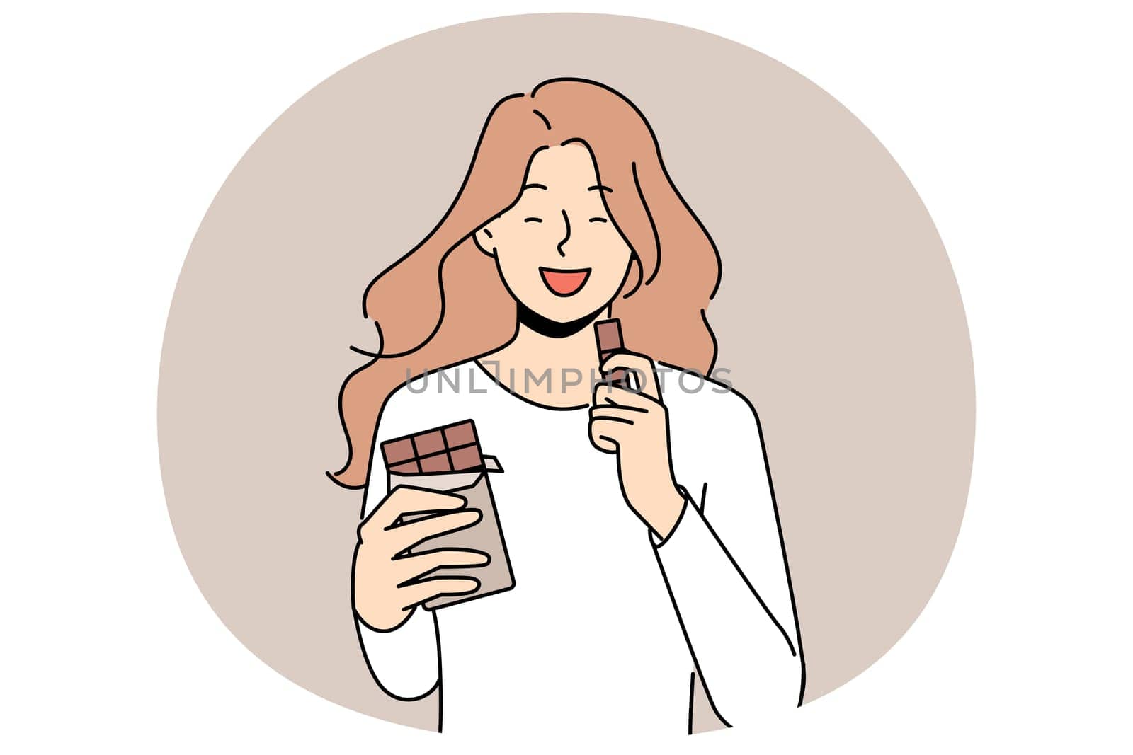 Smiling girl eating chocolate. Happy woman enjoy sweet dessert, milk or black chocolate bar. Vector illustration.