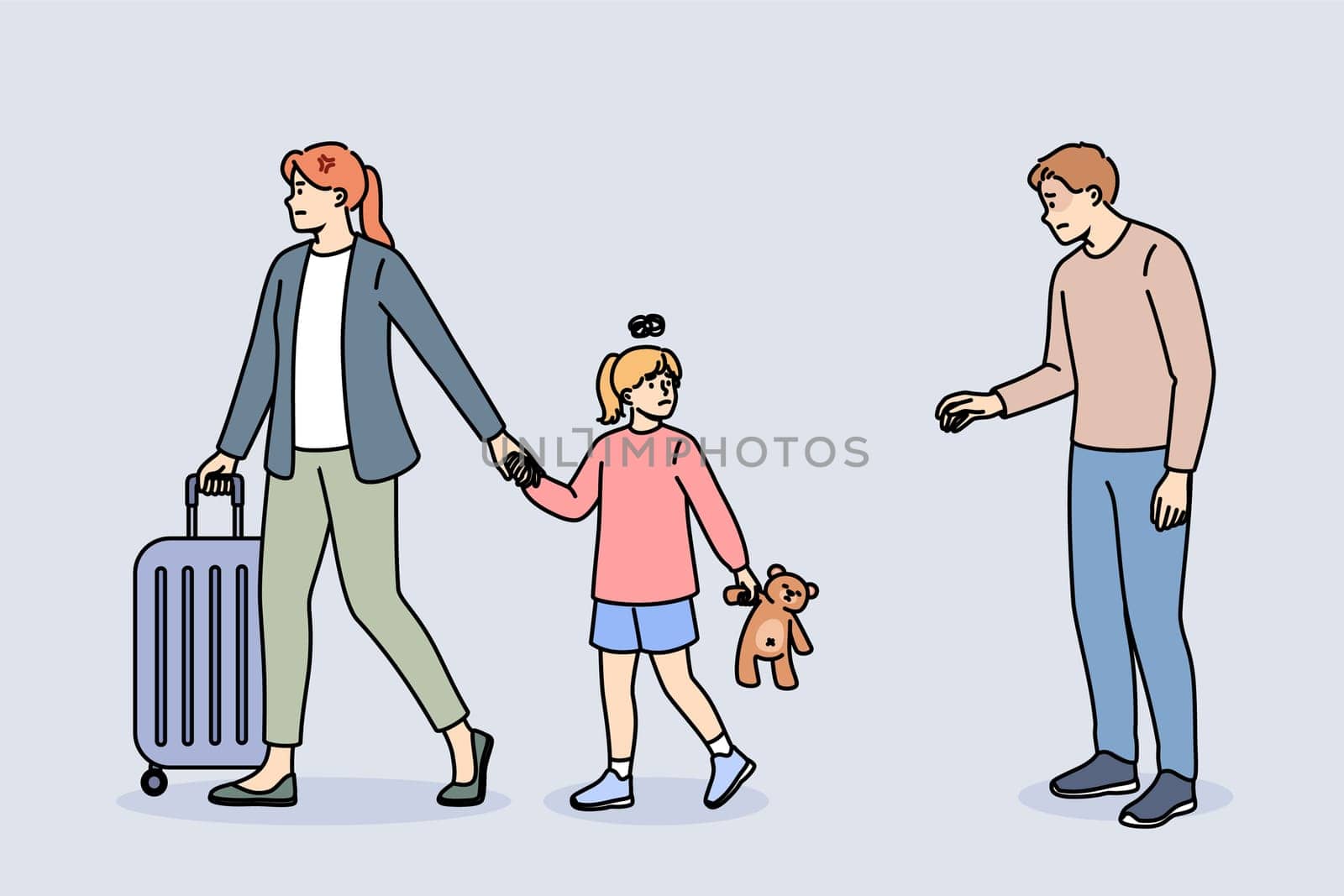 Divorce of parents and destruction of family causes psychological trauma to girl who leaves home with mother. Unhappy man looks at wife who wants to get divorce and find stepfather for child