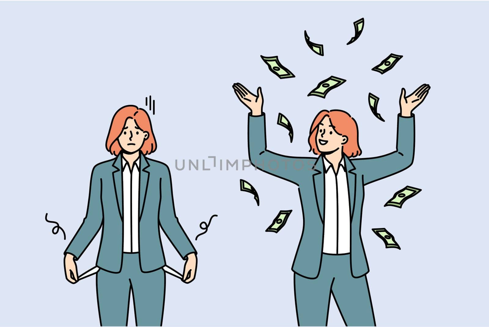 Financial progress of poor business woman who has increased income and throws money up. Girl with empty pockets became rich thanks to successful investments in financial market or purchase of bonds