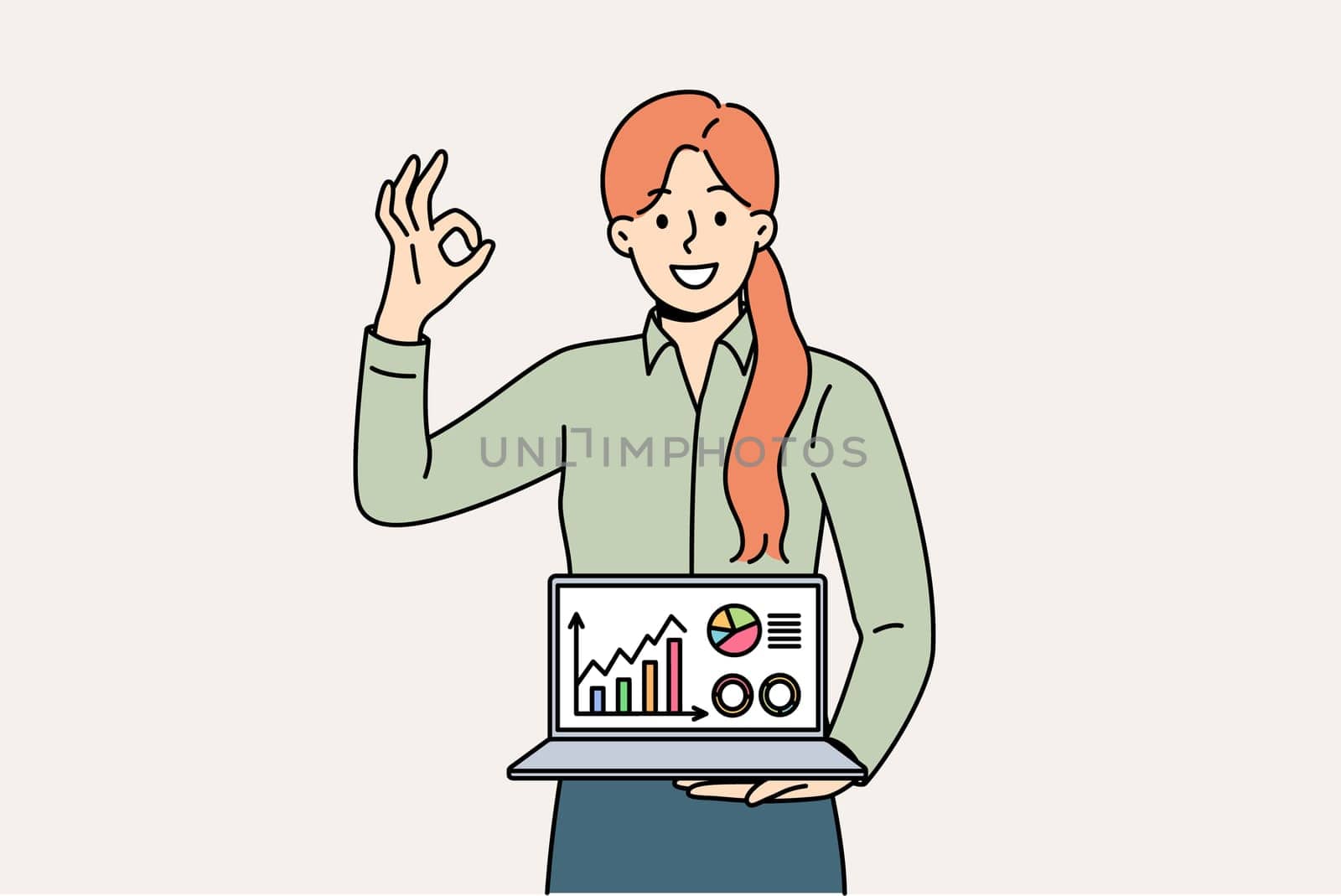 Business woman shows laptop with diagrams and ok gesture, reporting success of startup and income growth. Statistical data in computer of girl investor recommending using crm for business