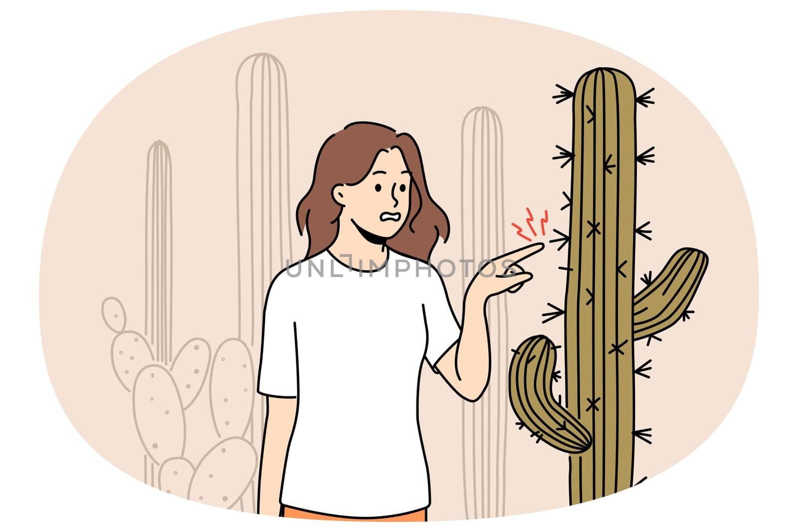Stressed woman touching cactus plant in desert landscape. Unhappy female hurt with cactus prick in nature. Vector illustration.