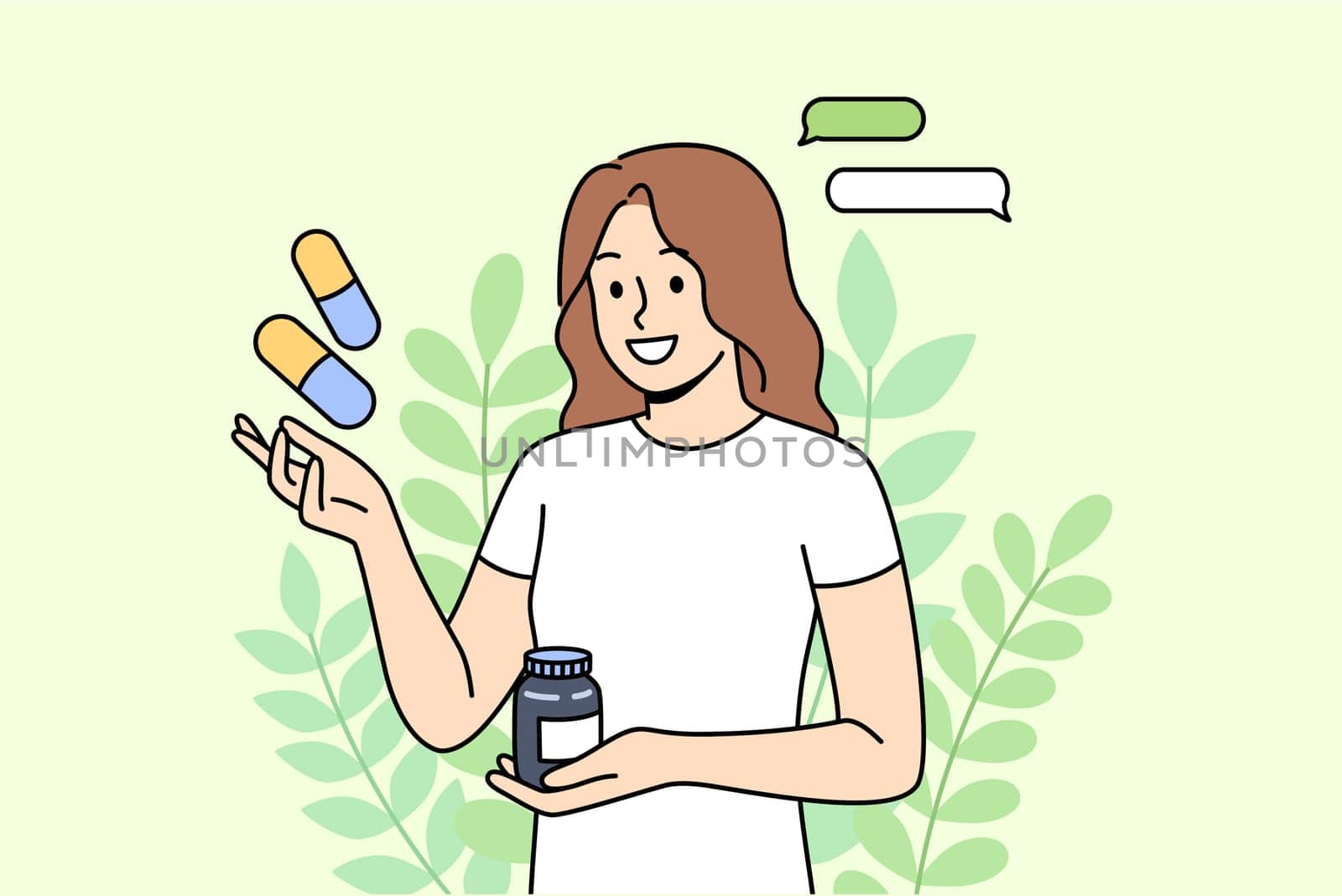 Dietary supplements and vitamins from organic herbs in hands of woman standing near plants. Dietary supplements to improve immunity and preventive fight against dangerous viruses or infections