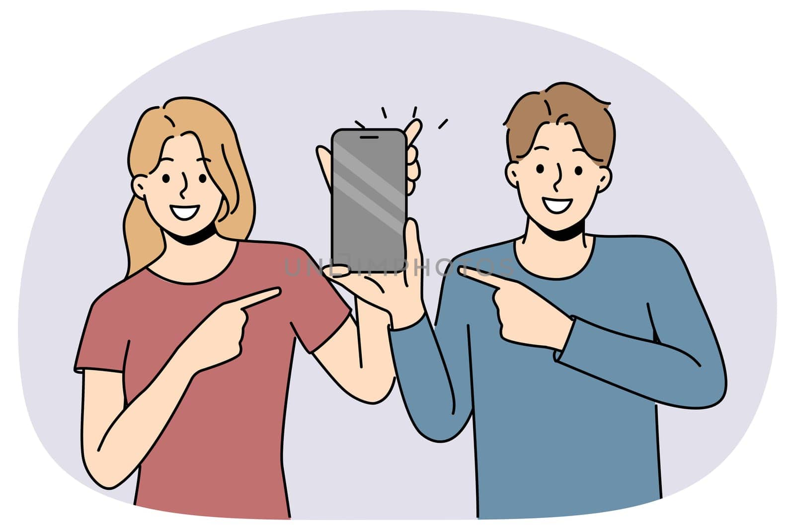 Smiling couple point at cellphone with empty screen. Happy man and woman point with finger on smartphone. Recommendation and technology. Vector illustration.