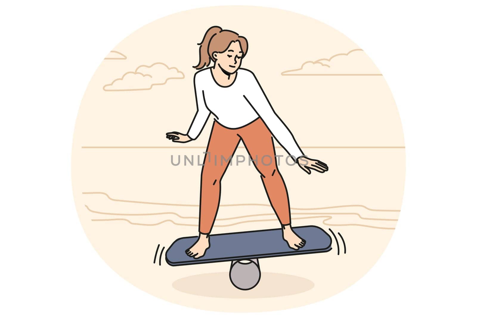 Happy toned woman balancing on wooden board on mat on beach. Sport and workout. Vector illustration.