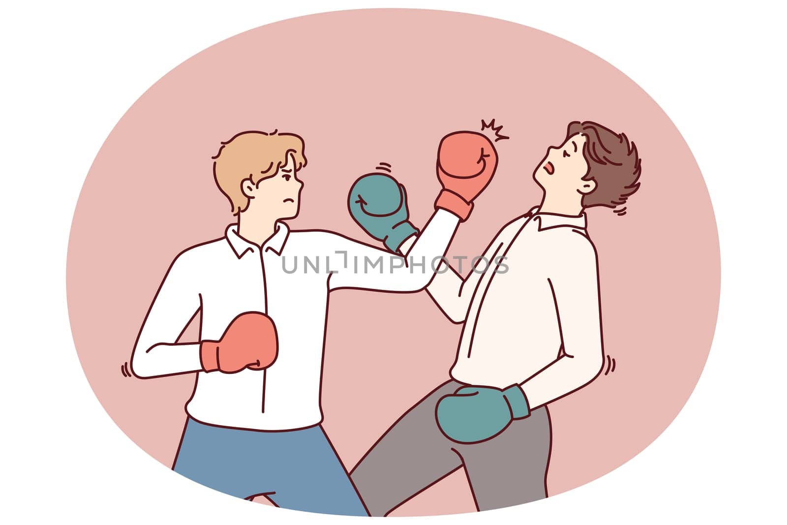 Determined business man in boxing gloves strikes opponent in face, symbolizing fierce competition between employees. Men in business attire are fighting for right to take emerging position of manager