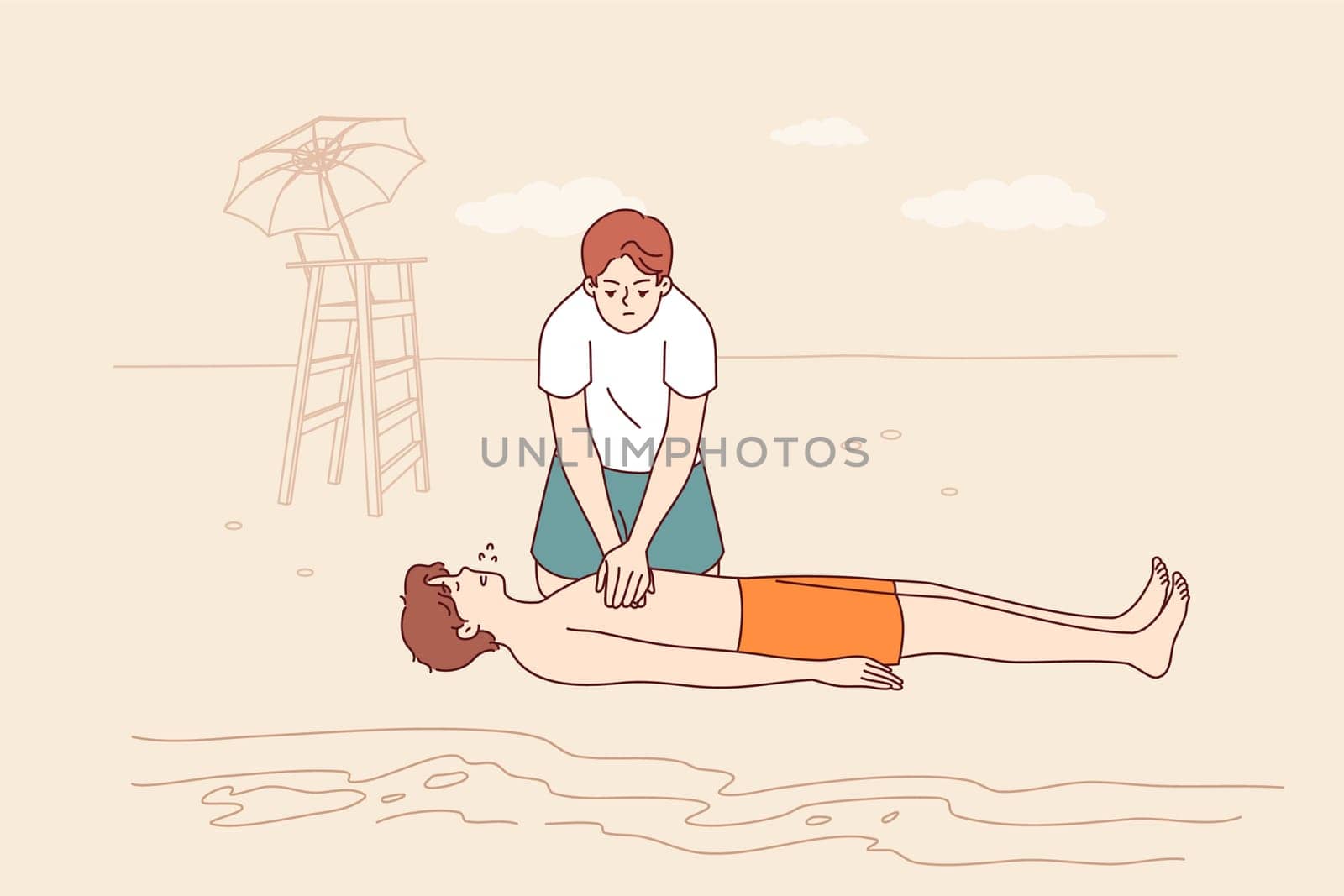 Man indirect lifeguard gives cardiac massage to drowned guy, providing first aid until 911 arrives. Work of rescue male demonstrating skills of resuscitation and restoring heartbeat of drowned man