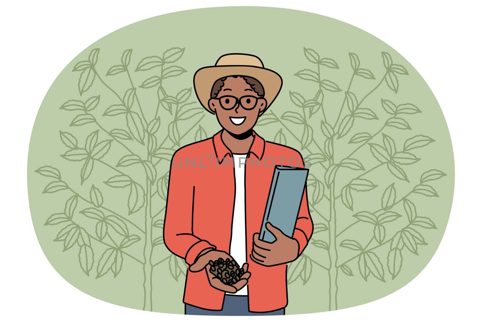 Smiling African American man gathering cocoa beans in garden. Happy black male with coffee beans on plantation. Agriculture and harvest. Vector illustration.