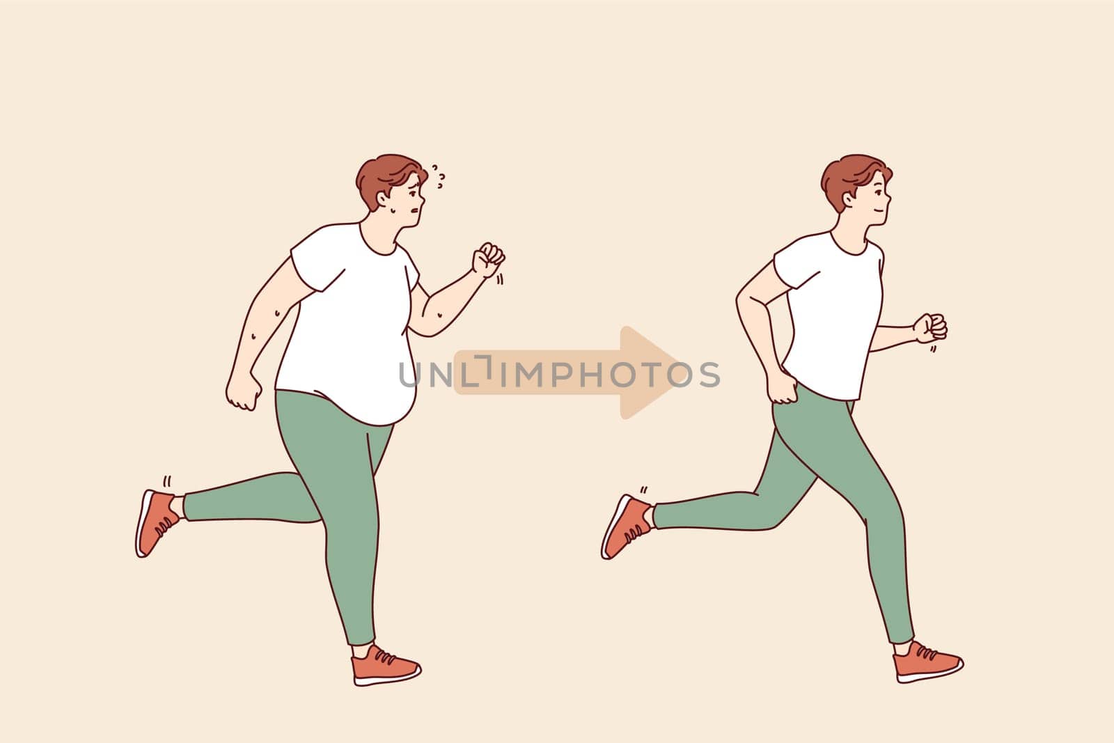 Transformation of fat man turning into thin person, thanks to morning jogging and sports activities. Transformation and weight loss of guy getting rid of excess weight without liposuction and surgery