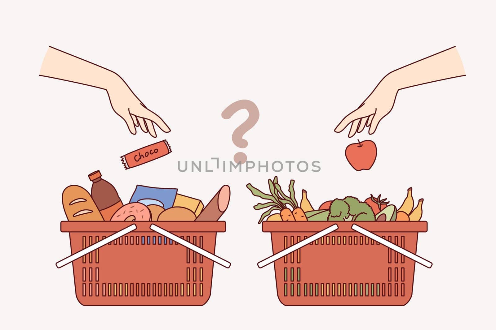 Carts with purchases from grocery supermarket, for concept choosing between healthy eating and junk food. Question is what to buy at grocery store - high-calorie snacks or vegetables and fruits