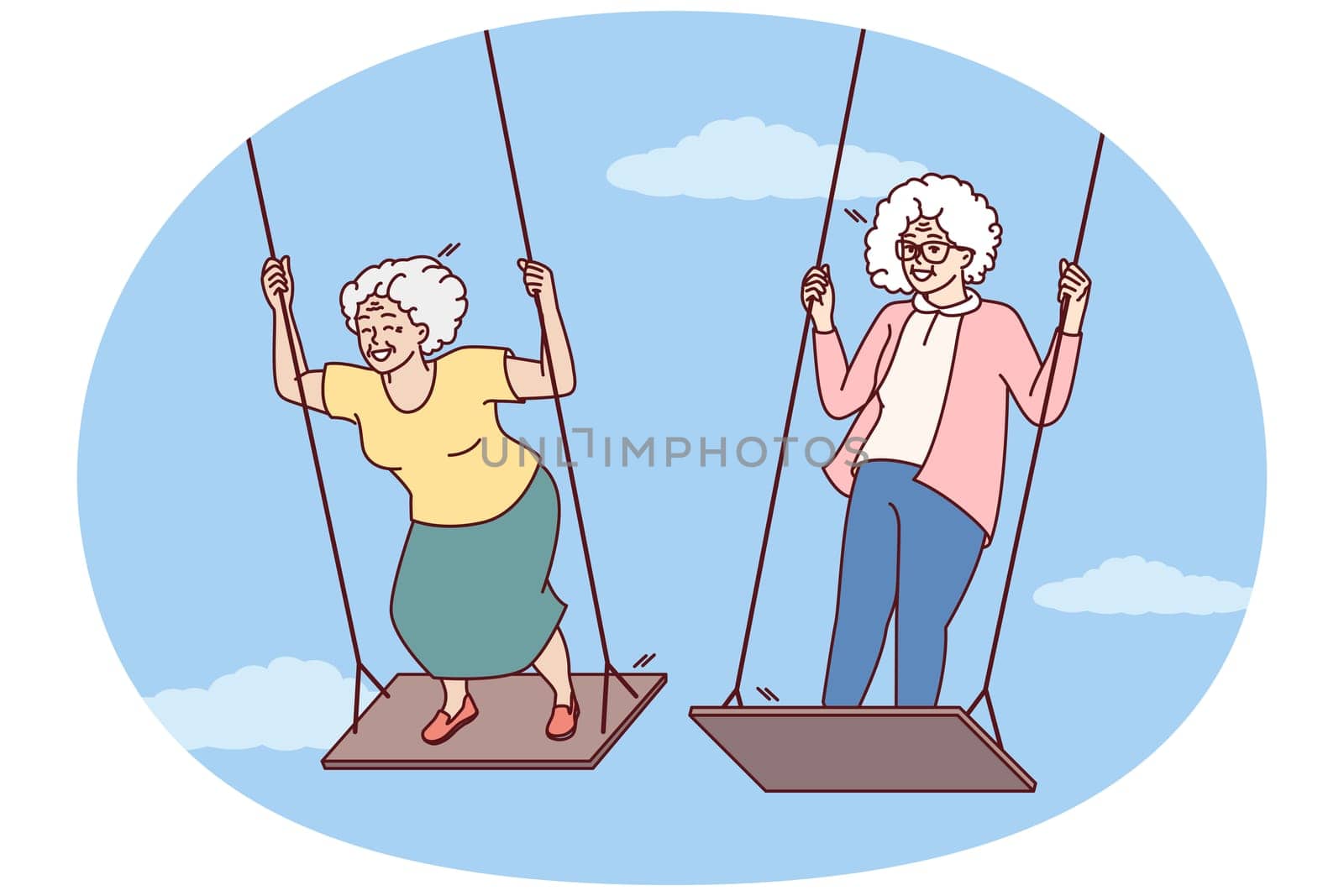 Two elderly women enjoy swinging and enjoying happy old age and not having to go to work. Carefree gray-haired female of retirement age remembers entertainment from youth and does not want to grow old