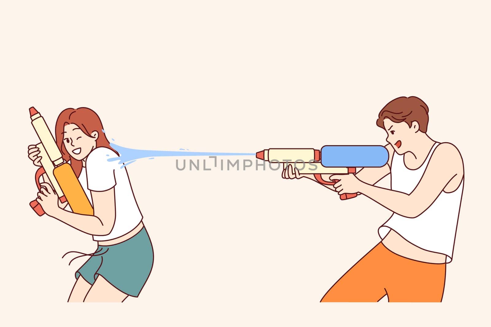 Water gun game for cheerful boy and girl enjoying being doused with water on hot summer day. Aqua gun for teenagers and small children who organize comic shootouts to splash around
