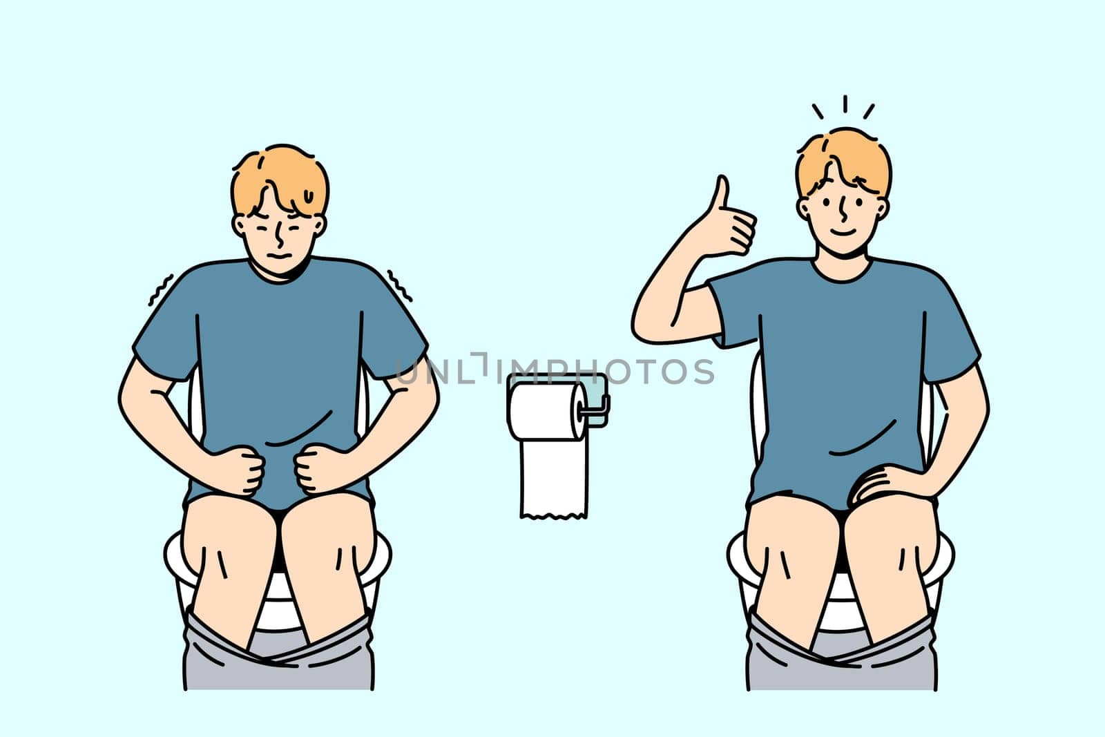 Diarrhea or constipation in man sitting on toilet and in pain, or showing thumbs up. Guy with constipation due to intestinal problems and poor nutrition rejoices after being cured.