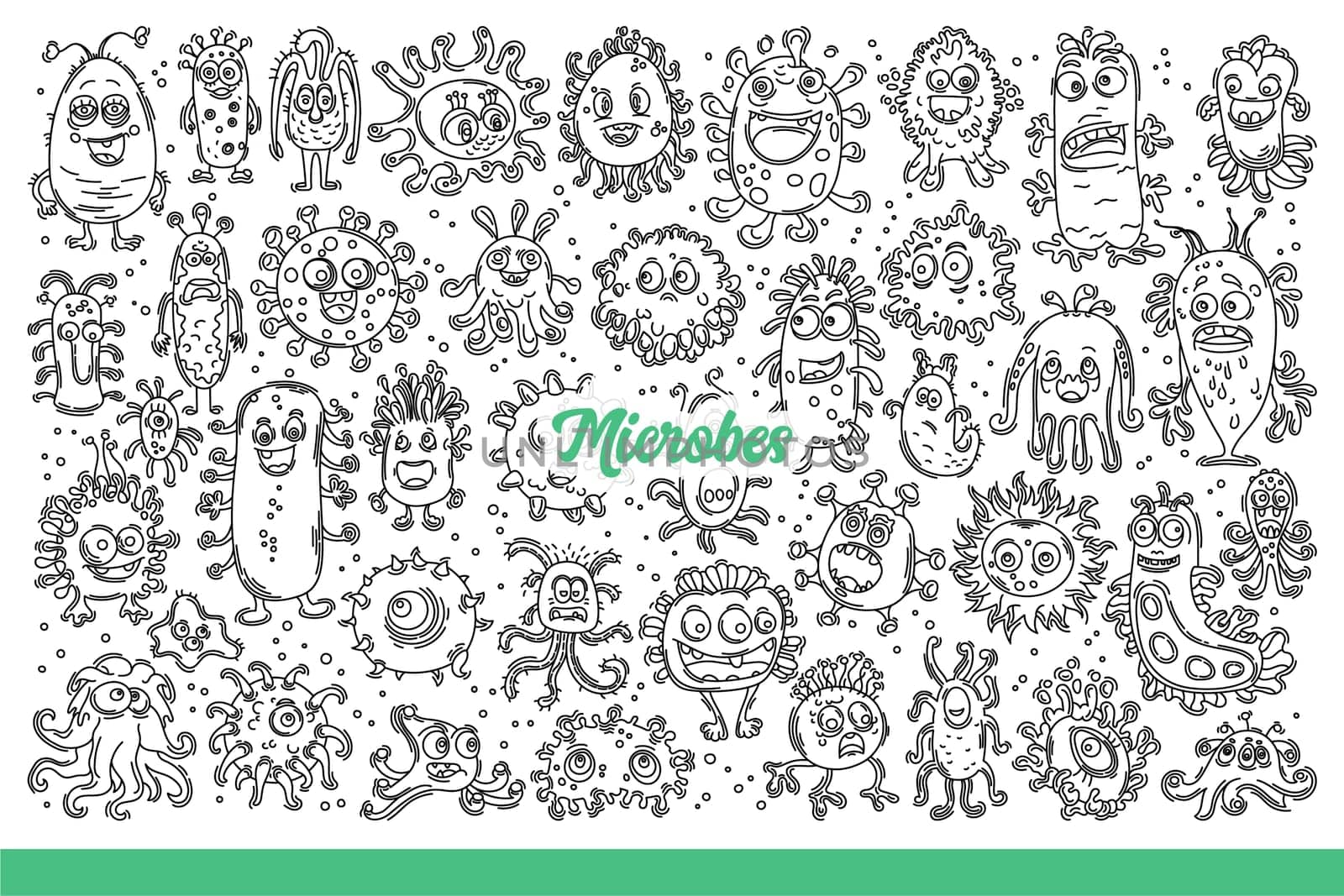 Microbes and bacteria inhabit human body and carry dangerous diseases. Microbes and parasites in form of little monsters with funny faces spreading viral epidemics. Hand drawn doodle