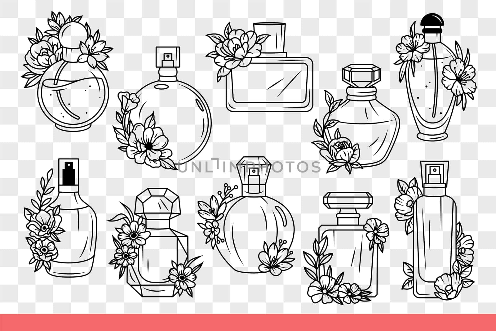 Luxury perfume bottles are decorated with flowers symbolizing natural aroma. Perfume vials with pleasant smell for women who want to be elegant and impress others. Hand drawn doodle