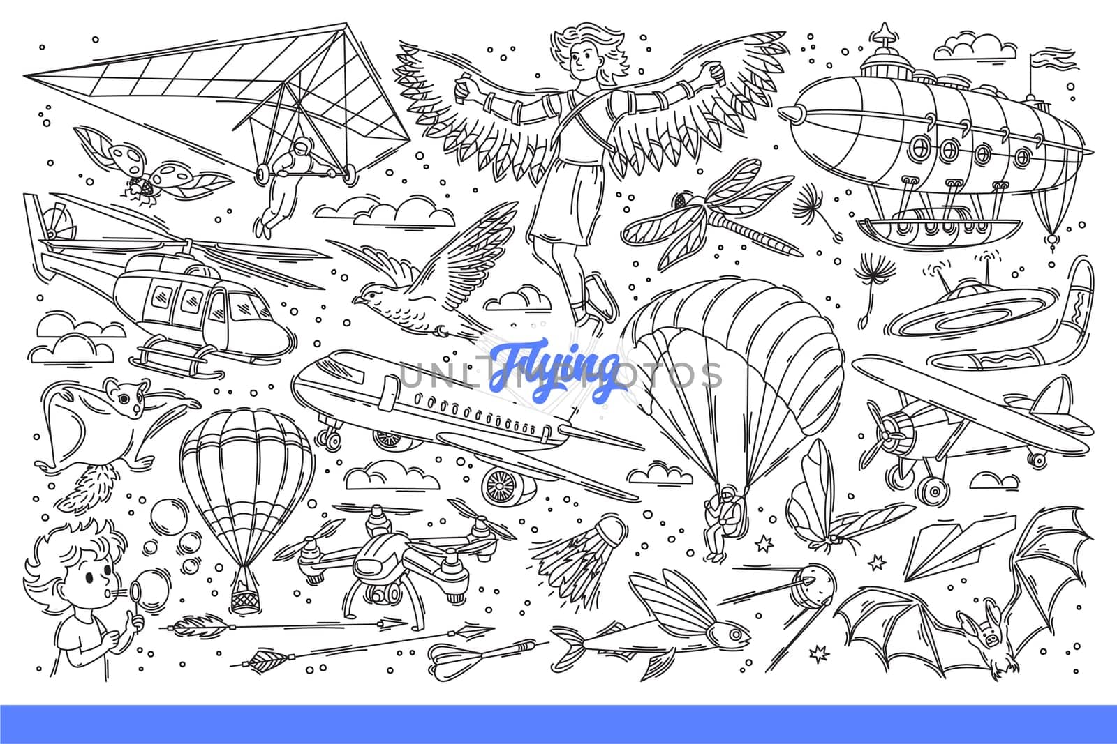 Flying background with airplanes and helicopter or hang glider moving in sky, near bat or quadcopter. Flying elements symbolizing freedom and readiness for travel and long flights. Hand drawn doodle