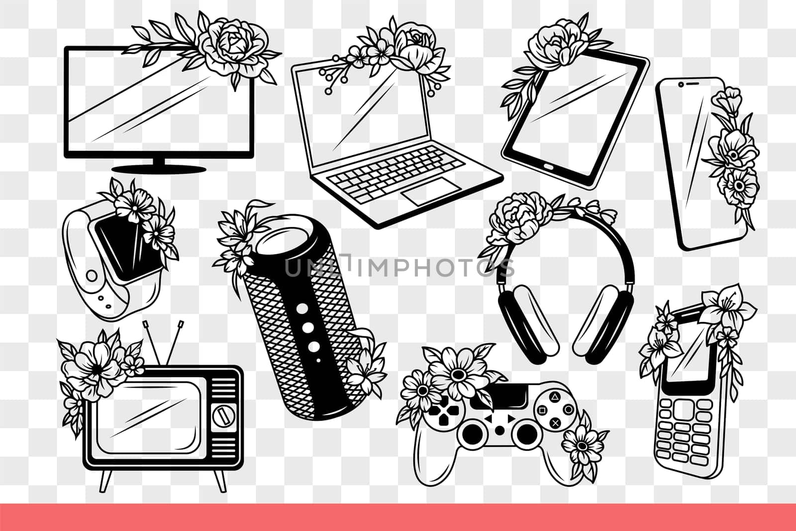 Electronic technology devices and gadgets decorated with flowers are intended for relaxation or working. Laptop and wireless speaker or smartwatch with smartphone. Hand drawn doodle
