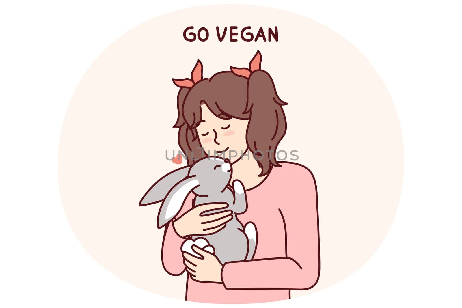 Little vegan older girl hugs rabbit that they wanted to use for food and cook for dinner. Concept of transition to healthy nutrition and promotion of vegan lifestyle from childhood and adolescence