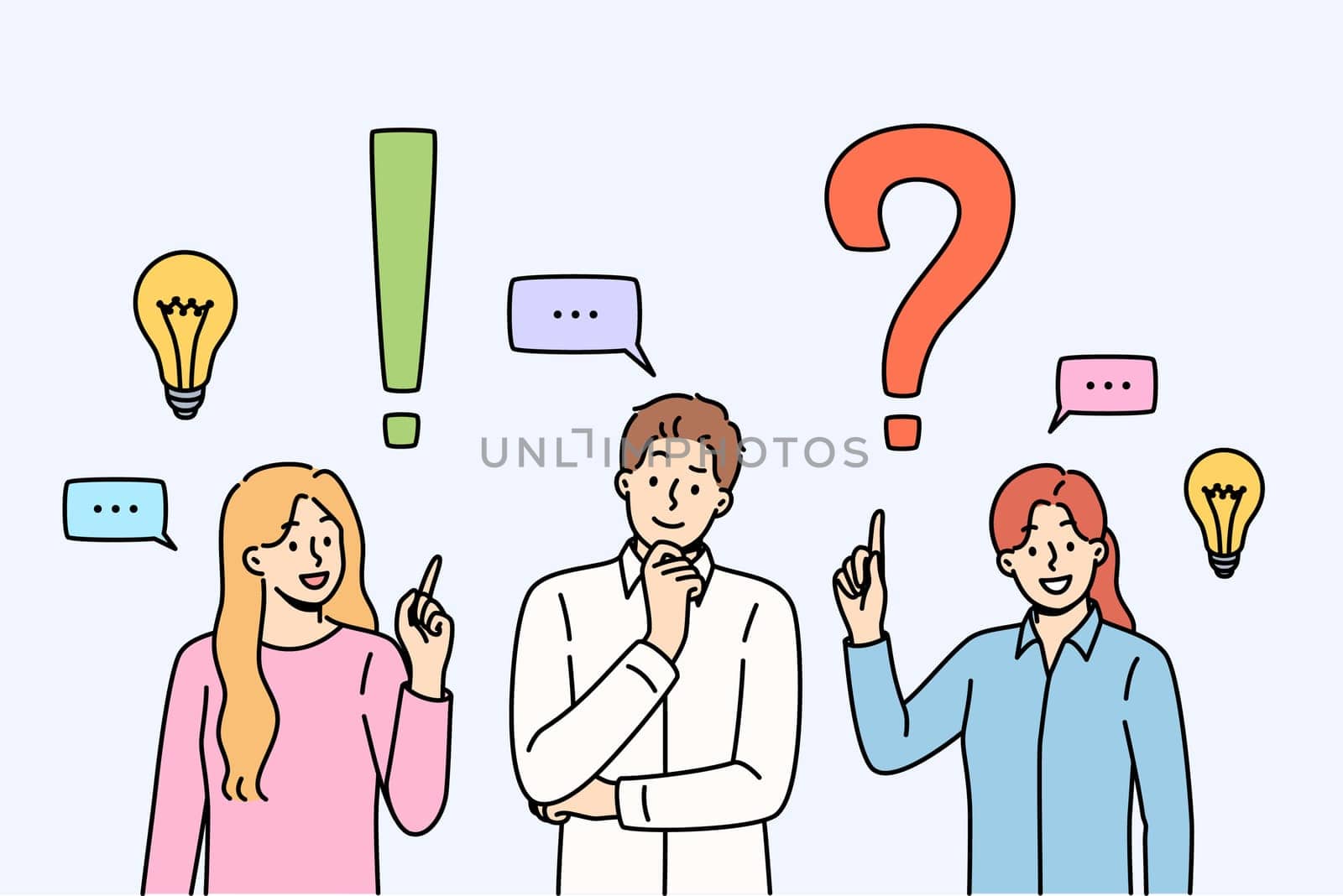 Collective brainstorming among business people looking for solution to problem or opportunity to attract clients. Brainstorming and searching for answer to question among office clerks and managers
