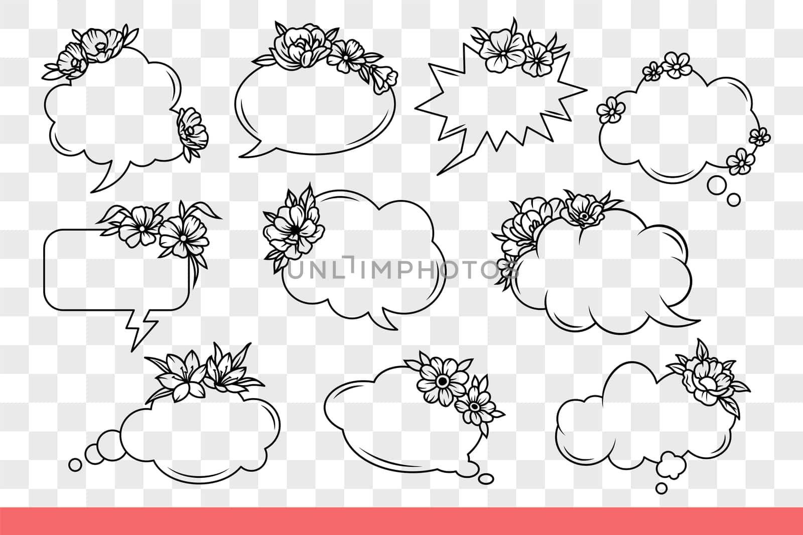 Dialogue clouds decorated with flowers to illustrate direct speech or character commentary and thoughts. Dialogue clouds or bubbles symbolize chatting and exchange of opinions. Hand drawn doodle