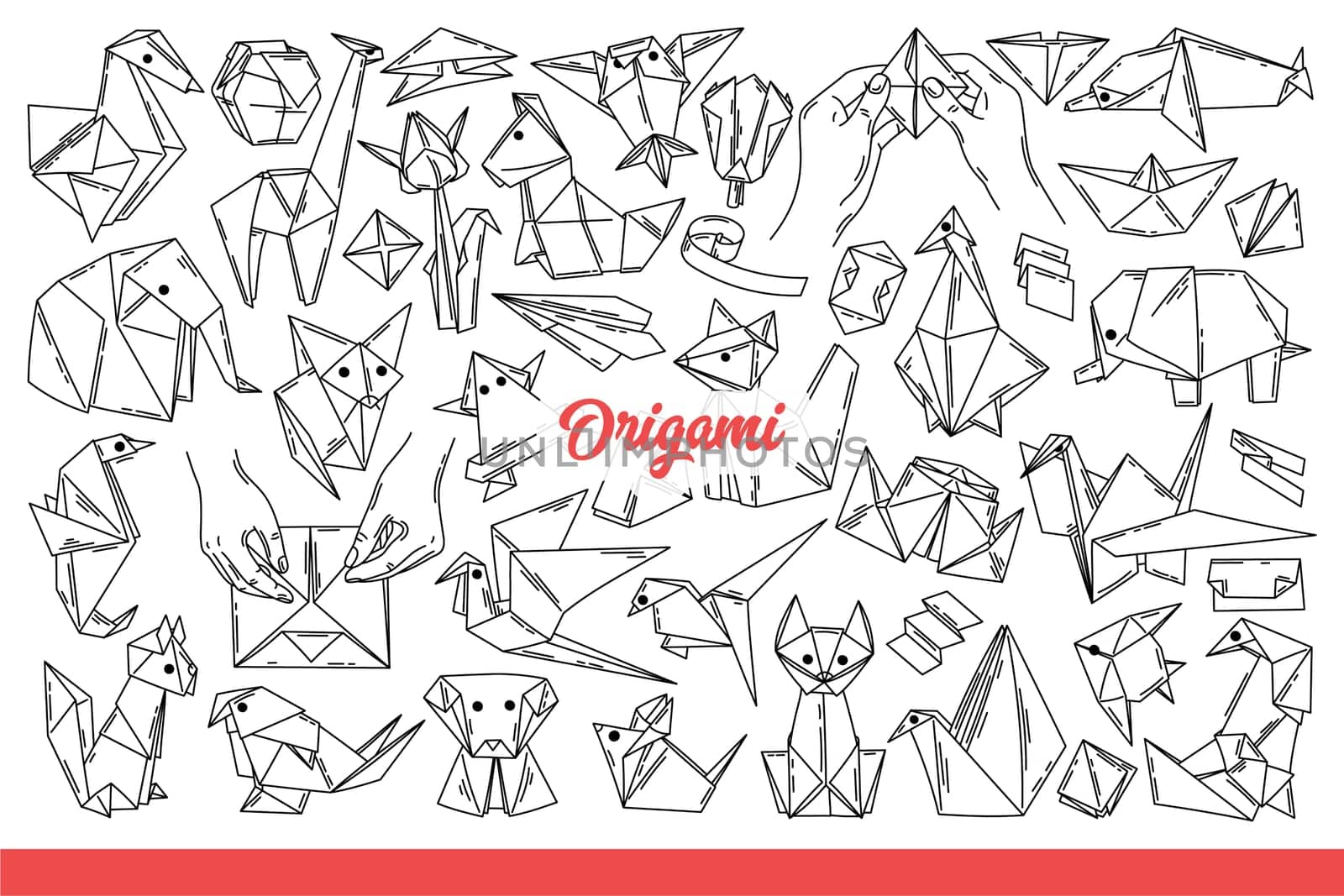 Origami created from sheets of paper symbolize art and desire for creative development. Japanese origami products in form of animals and fish or boats with flowers. Hand drawn doodle