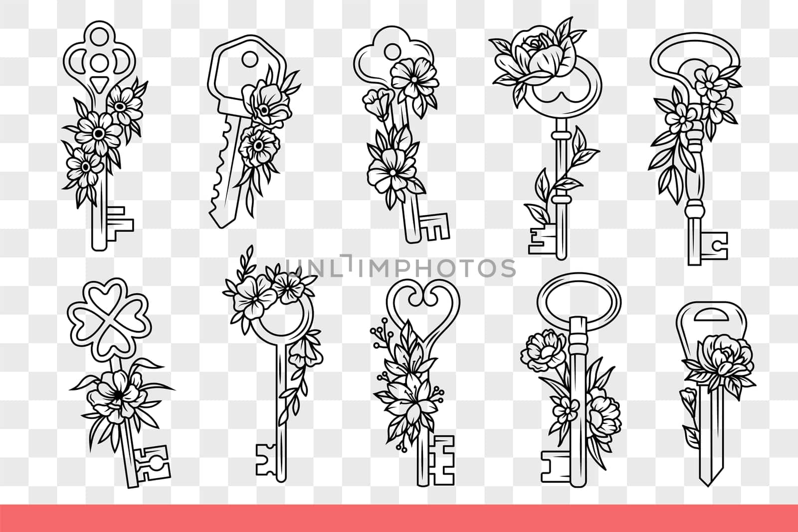 Modern and retro style door padlock keys are decorated with flowers. Keys for opening and closing gates, as metaphor for gaining access and unlocking web password. Hand drawn doodle