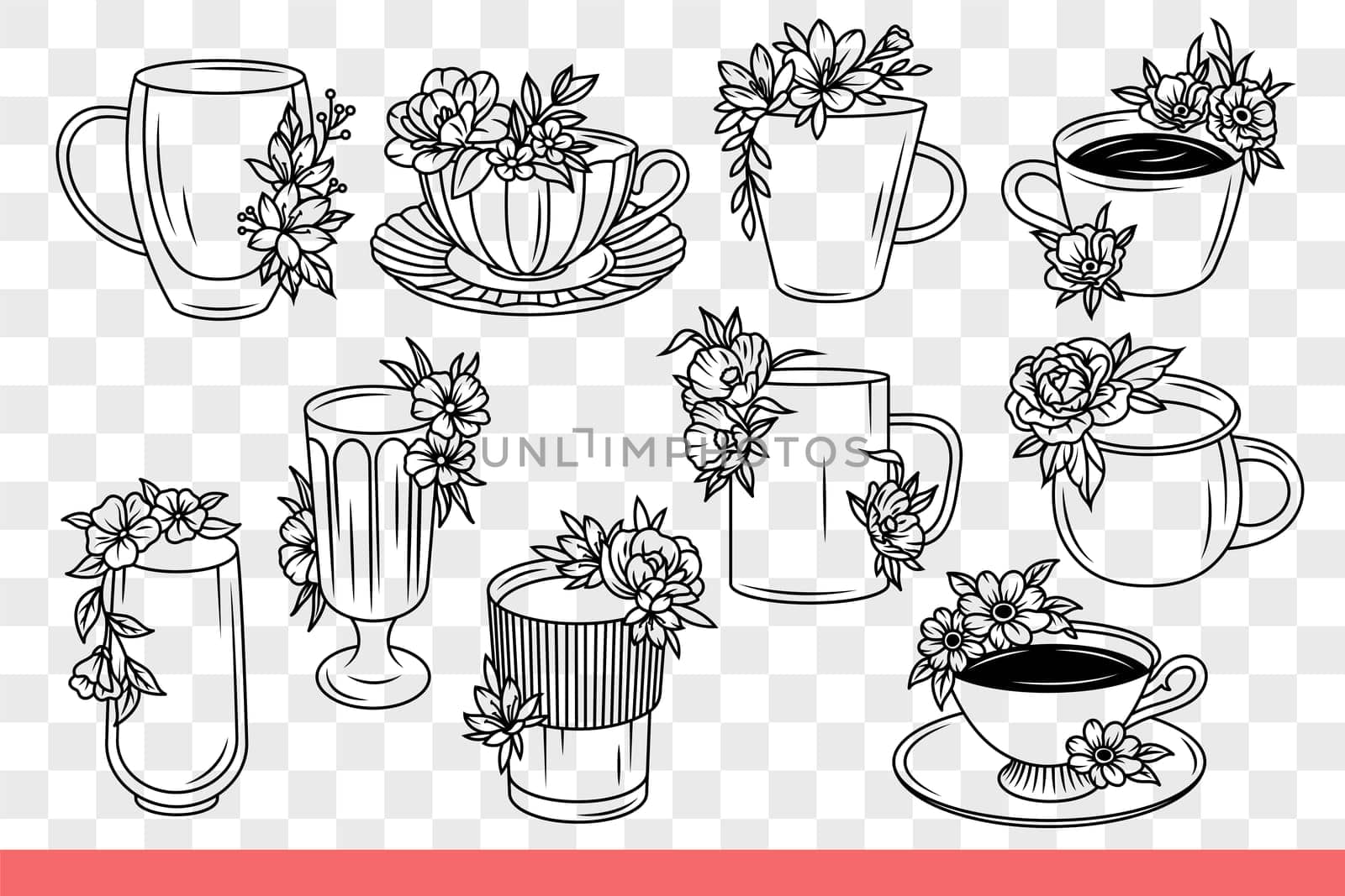 Cups and mugs for hot drinks and delicious tea or coffee during break. Dishes decorated with flowers for morning tea, which allows you to cheer up and recharge your batteries for whole day. Hand drawn