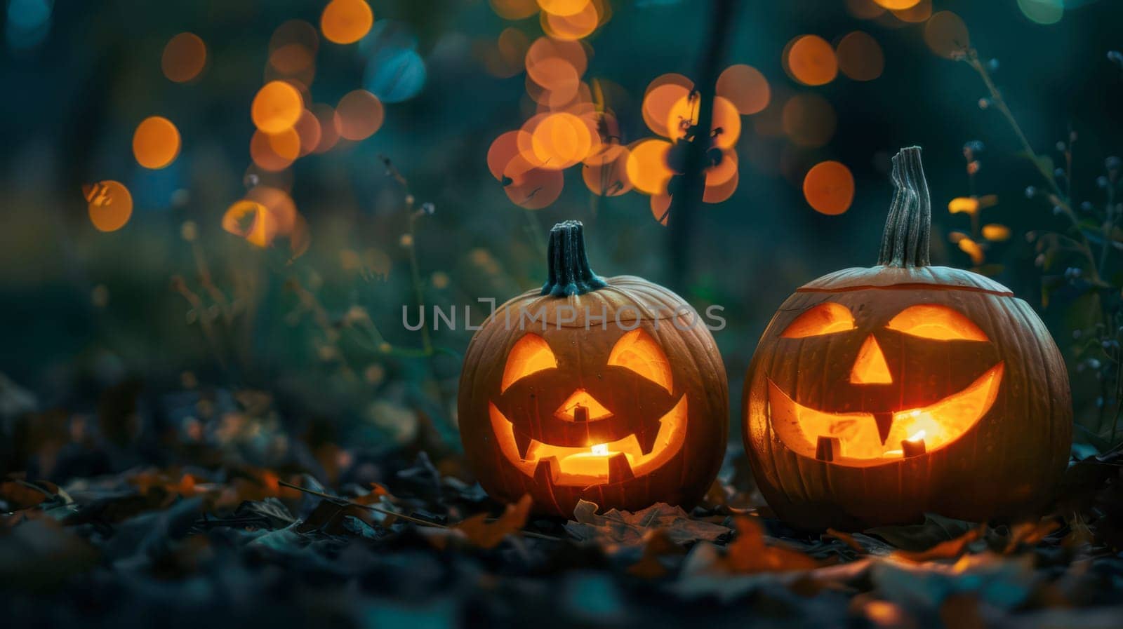 Two carved pumpkins with light inside sit among fallen leaves, surrounded by soft, warm bokeh lights, creating a festive autumn atmosphere.