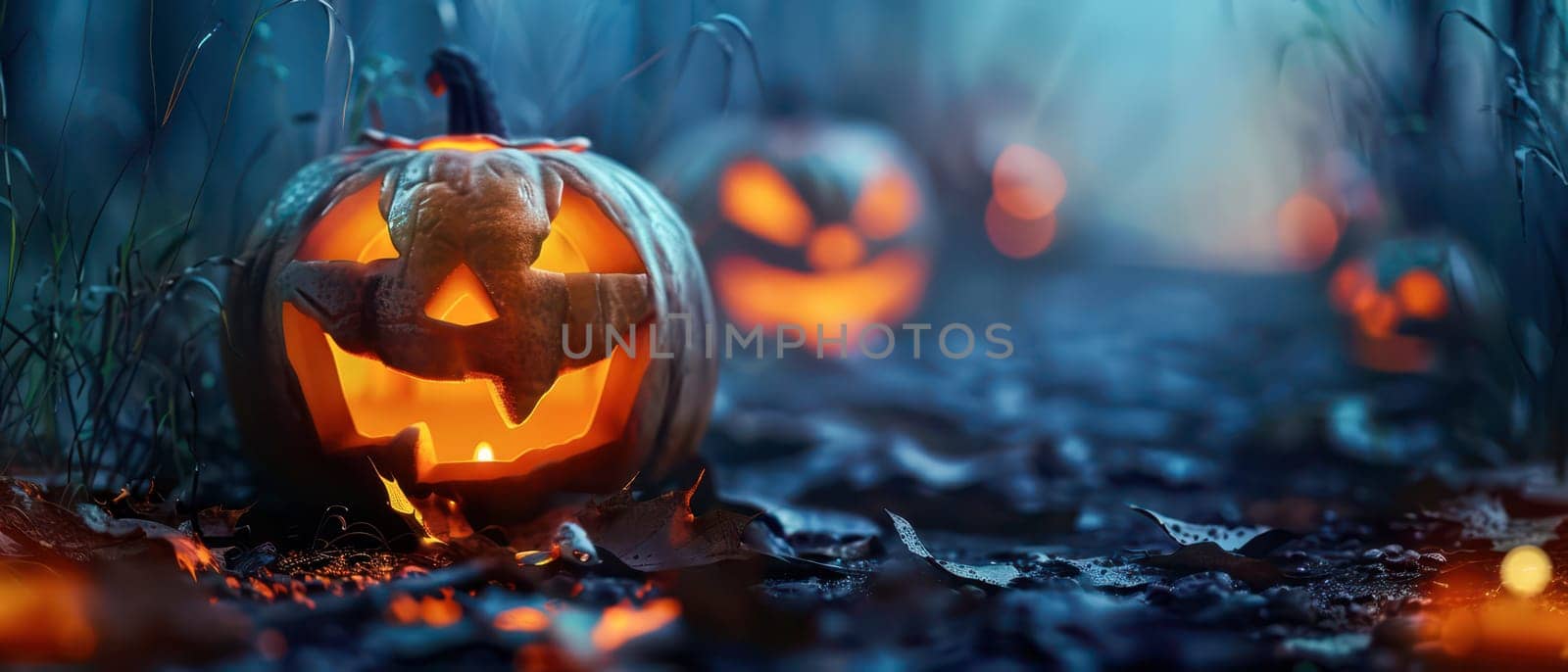 Carved pumpkins emit a warm glow in the darkness, surrounded by fallen leaves and mist, creating an eerie Halloween atmosphere.