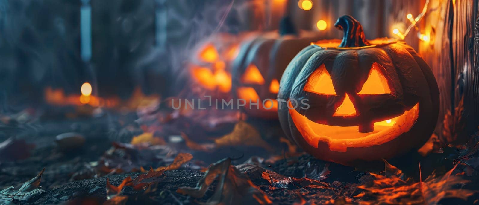 Brightly lit jack-o'-lanterns with carved faces sit among fallen autumn leaves, creating a festive mood with glowing lights in the background.