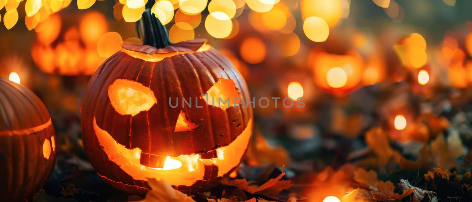 Jack-o'-lanterns glow warmly among fallen leaves, creating a cheerful atmosphere for a Halloween celebration during the autumn season.
