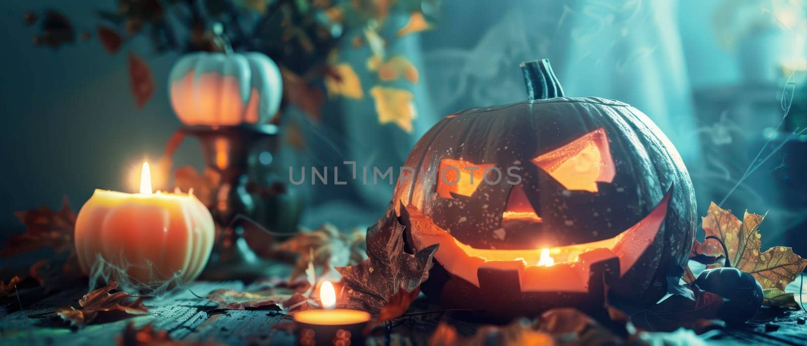 A carved pumpkin with a smiling face emits a warm glow, nestled among candles and autumn leaves, creating a festive Halloween atmosphere.