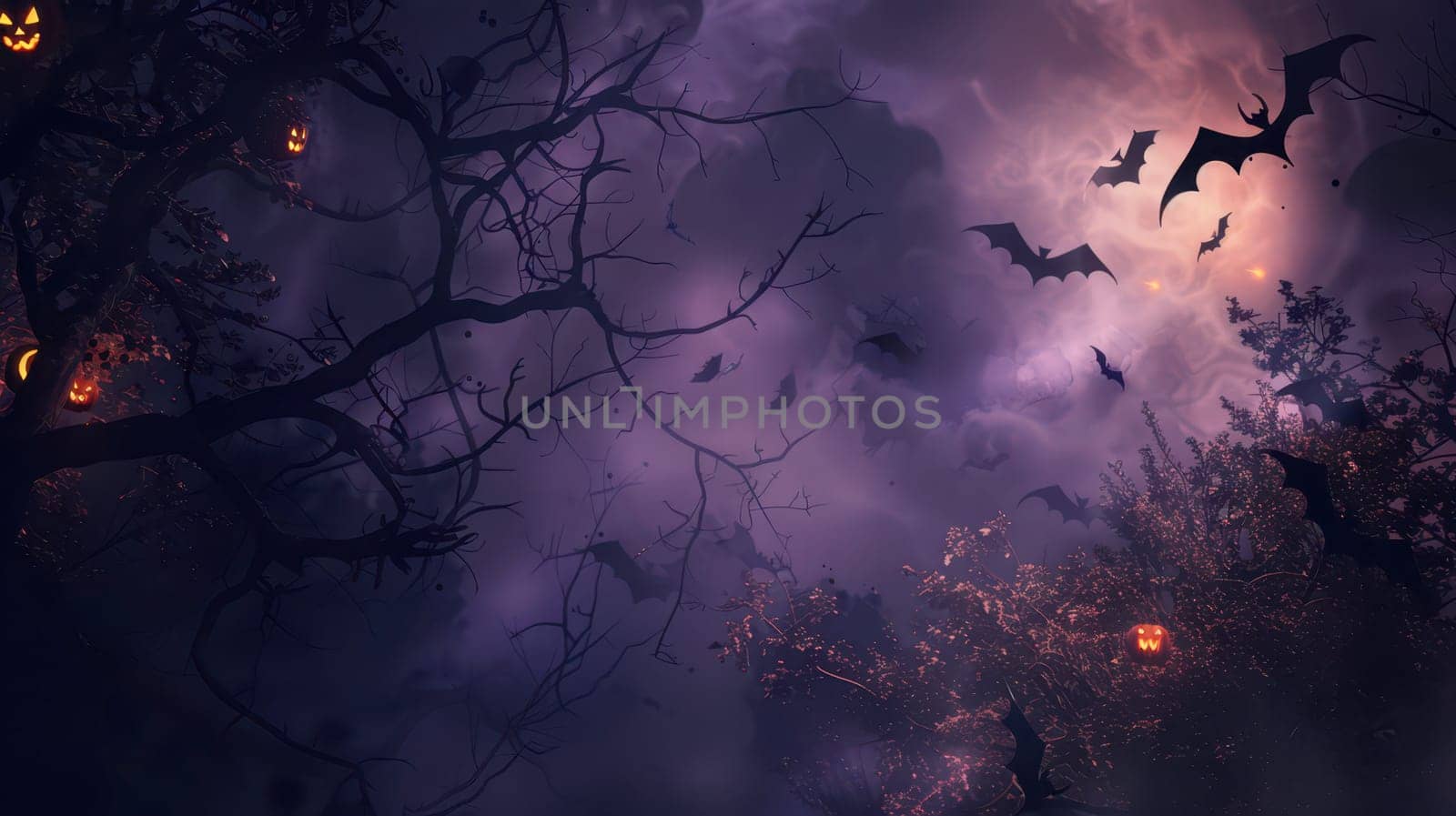 A mysterious forest is alive with fluttering bats, eerie fog, and glowing jack-o'-lanterns, creating a haunting atmosphere on Halloween night.