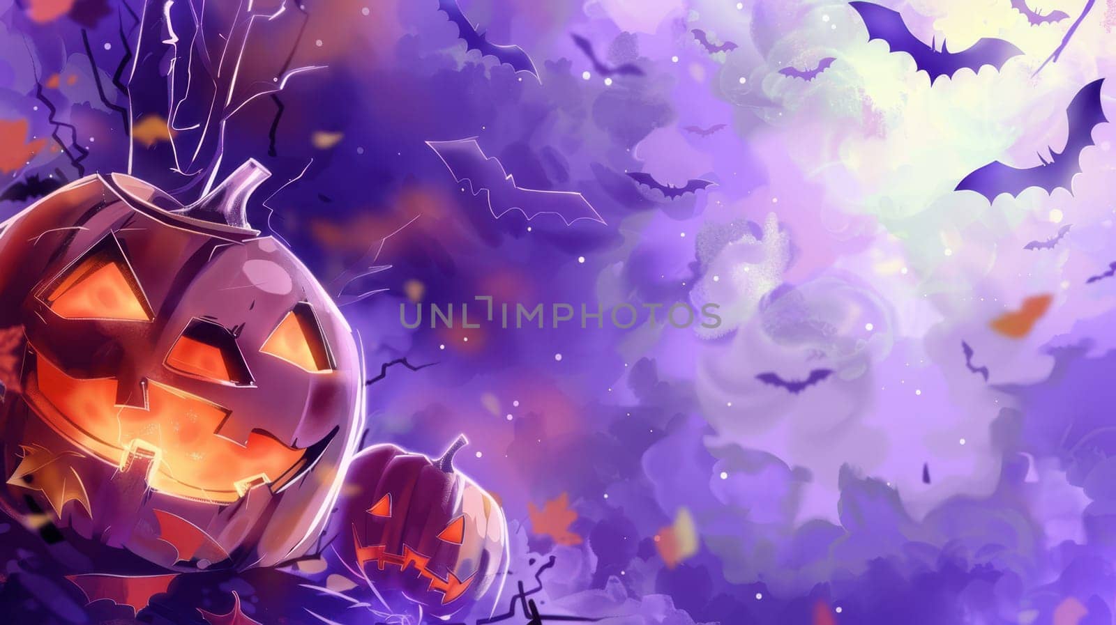 A bright jack-o'-lantern glows in a mysterious purple landscape, surrounded by bats and swirling mist, capturing the essence of a Halloween night.