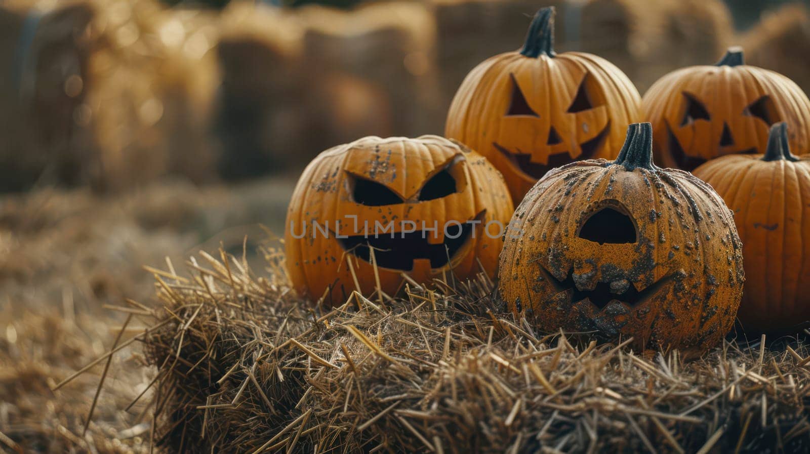 Carved pumpkins with various expressions are placed atop hay bales in a rural farm setting during the fall season.