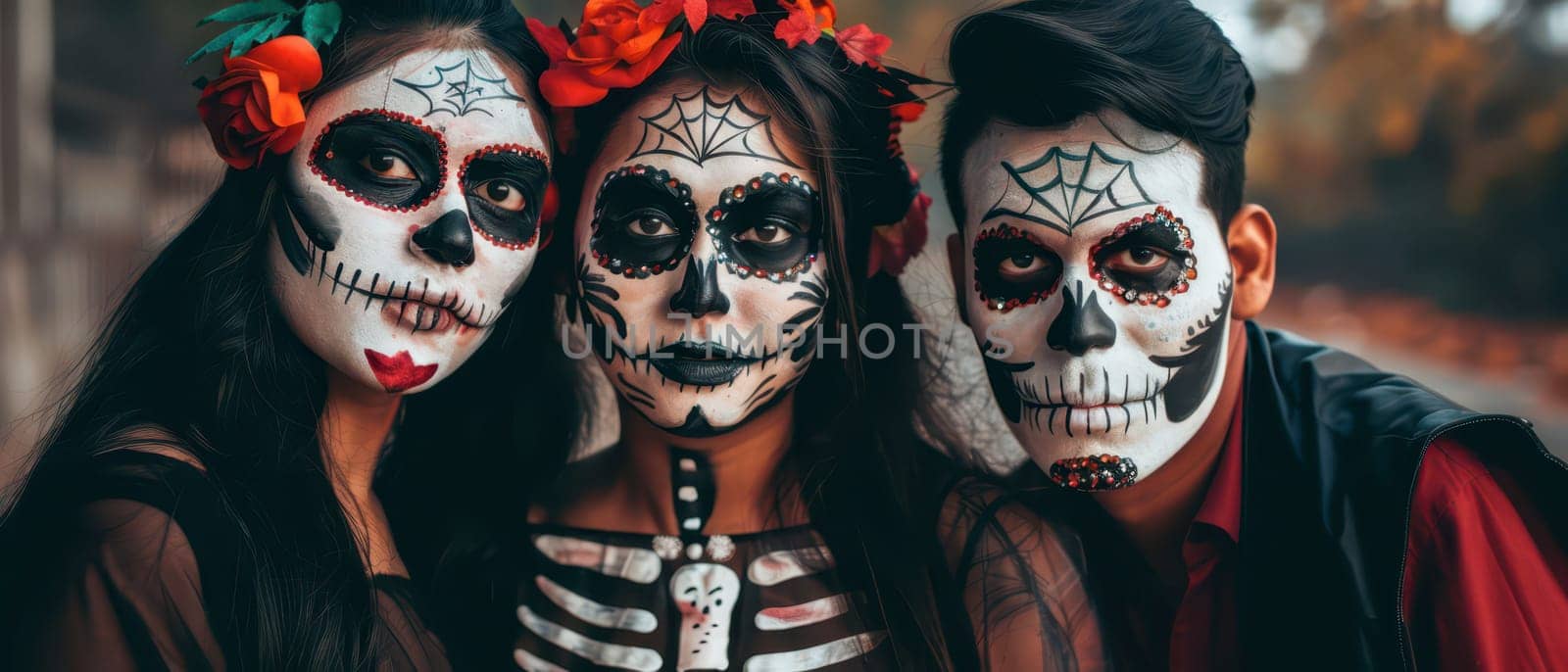Three individuals dressed up with intricate sugar skull face paint celebrate Dia de los Muertos, showcasing colorful flowers and traditional attire.