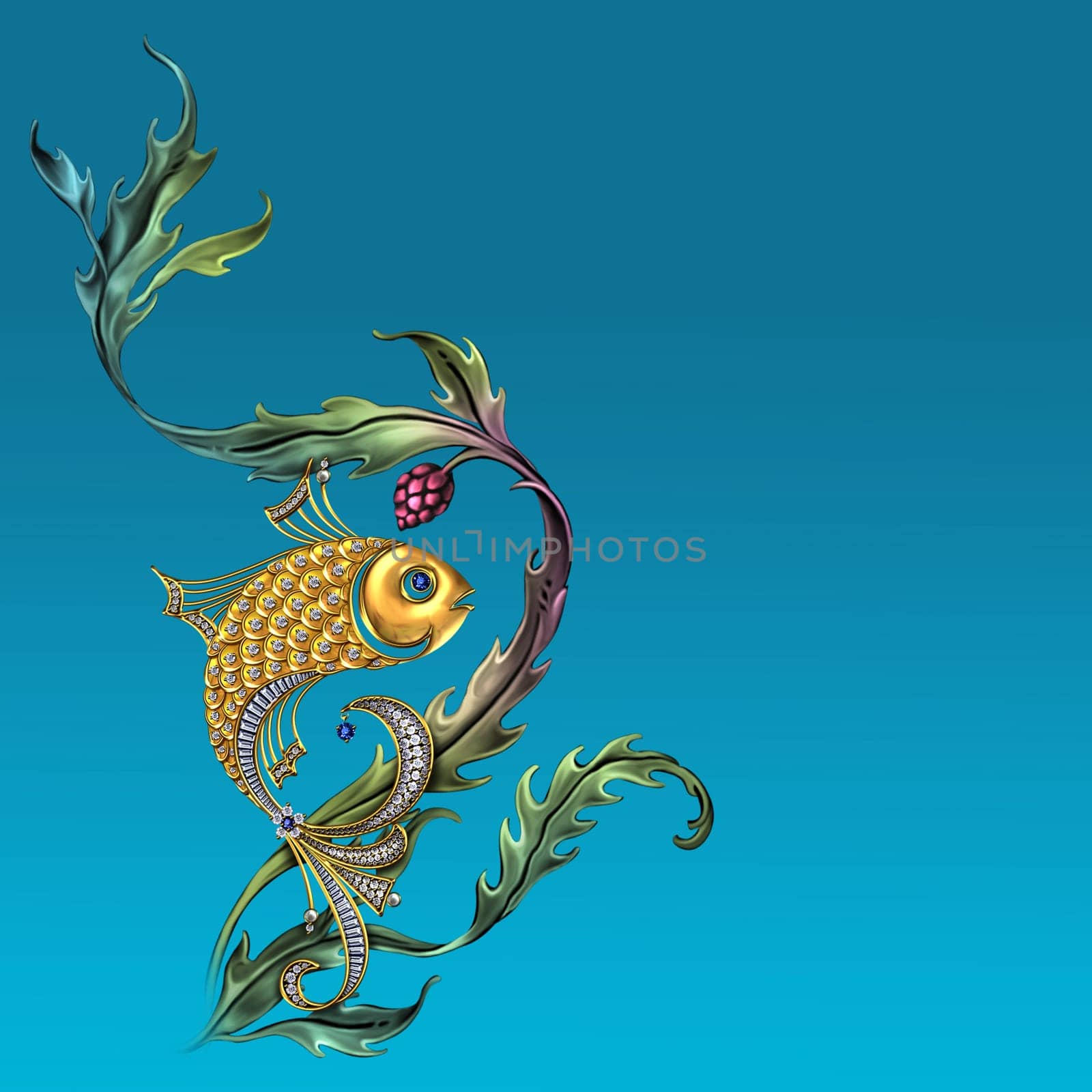 Golden fish. Underwater stylized fish illustration on teal background. Design for postcard, banner, card, bathroom accessories. Realistic style.
