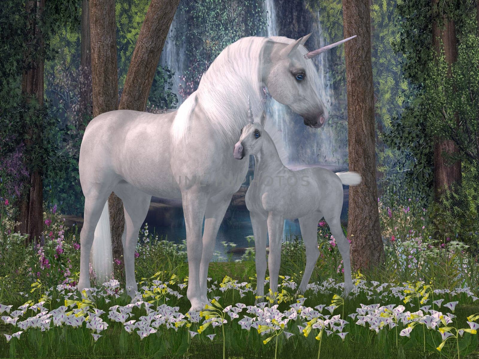 The Unicorn is a mythical creature that has a horse body with forehead horn and cloven hooves. A mother Unicorn shows how much she loves her foal.